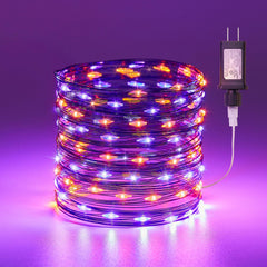 33Ft 100LEDs Plug in Halloween String Lights on Black Wire for Party Haunted House, Orange & Purple