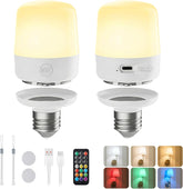 2 Pack E26 Rechargeable Battery Backup Light Bulbs with Remote and Timer for Lamps Sconces Camping