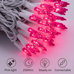 25ft 100 Count Pink Incandescent Bulb Mini String Lights for Christmas Valentine's Day, White Wire