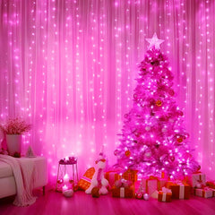 Pink 300 LED Dimmable Twinkle Fairy Curtain Lights with Remote and Timer, USB Powered