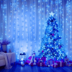 Blue & White 300 LED Dimmable Twinkle Fairy Curtain Lights with Remote and Timer, USB Powered
