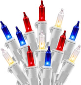 50ft 200 Count Red White Blue Incandescent Bulb Mini String Lights for 4th of July, White Wire