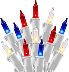 20ft 100 Count Red White Blue Incandescent Bulb Mini String Lights for 4th of July, White Wire