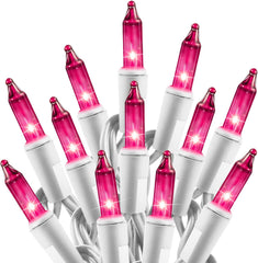 25ft 100 Count Pink Incandescent Bulb Mini String Lights for Christmas Valentine's Day, White Wire