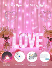 12 Pack 7ft 20 LED Battery Operated Silver Wire Christmas Valentine Fairy Lights with 8 Modes, Pink
