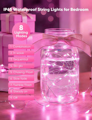 12 Pack 7ft 20 LED Battery Operated Silver Wire Christmas Valentine Fairy Lights with 8 Modes, Pink