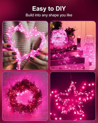 5 Ft 60 LED Battery Operated Firecracker Silver Wire String Lights for Valentine's Day, Pink