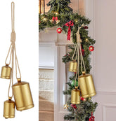 Set of 3 Christmas Bells, Decoraitve Brass Bells with Jute Hanging Rope for Christmas Decor Wreath Garland Tree Doors Windows Rustic Home Decor, Vintage Iron Bells