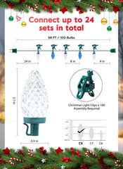 68 Feet C9 100 LED Christmas Strawberry String Lights with 100 Spring Clamps, Blue & Pure White