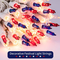 20ft 100 Count Red White Blue Incandescent Bulb Mini String Lights for 4th of July, White Wire