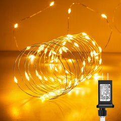 33Ft Plug in 100 LEDs Waterproof Silver Wire Firefly Lights, Adaptor Included, Warm White