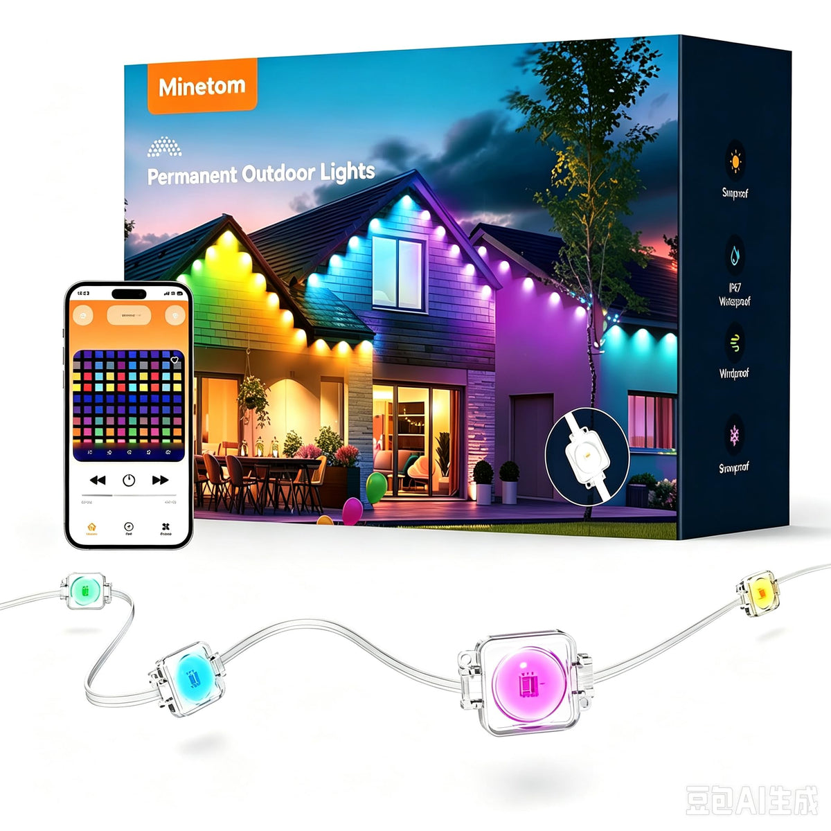200ft RGBTW Permanent Outdoor Eave Lights, 85 Scene Modes, IP66 Waterproof, Works with Alexa