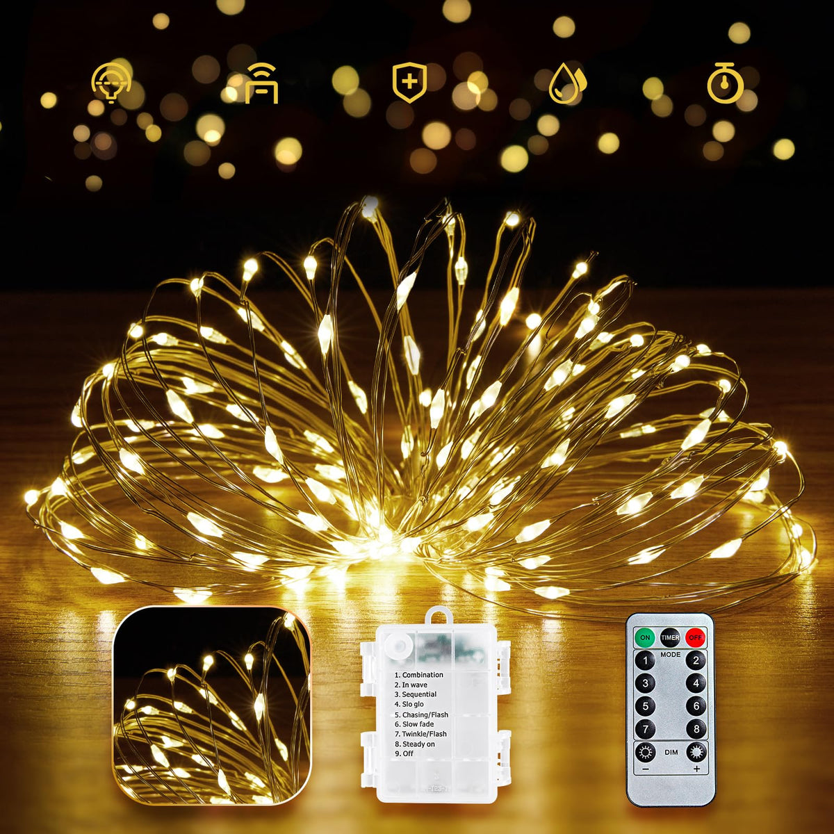 Minetom Fairy Lights Battery Operated with Remote, 66FT 200LED String Light
