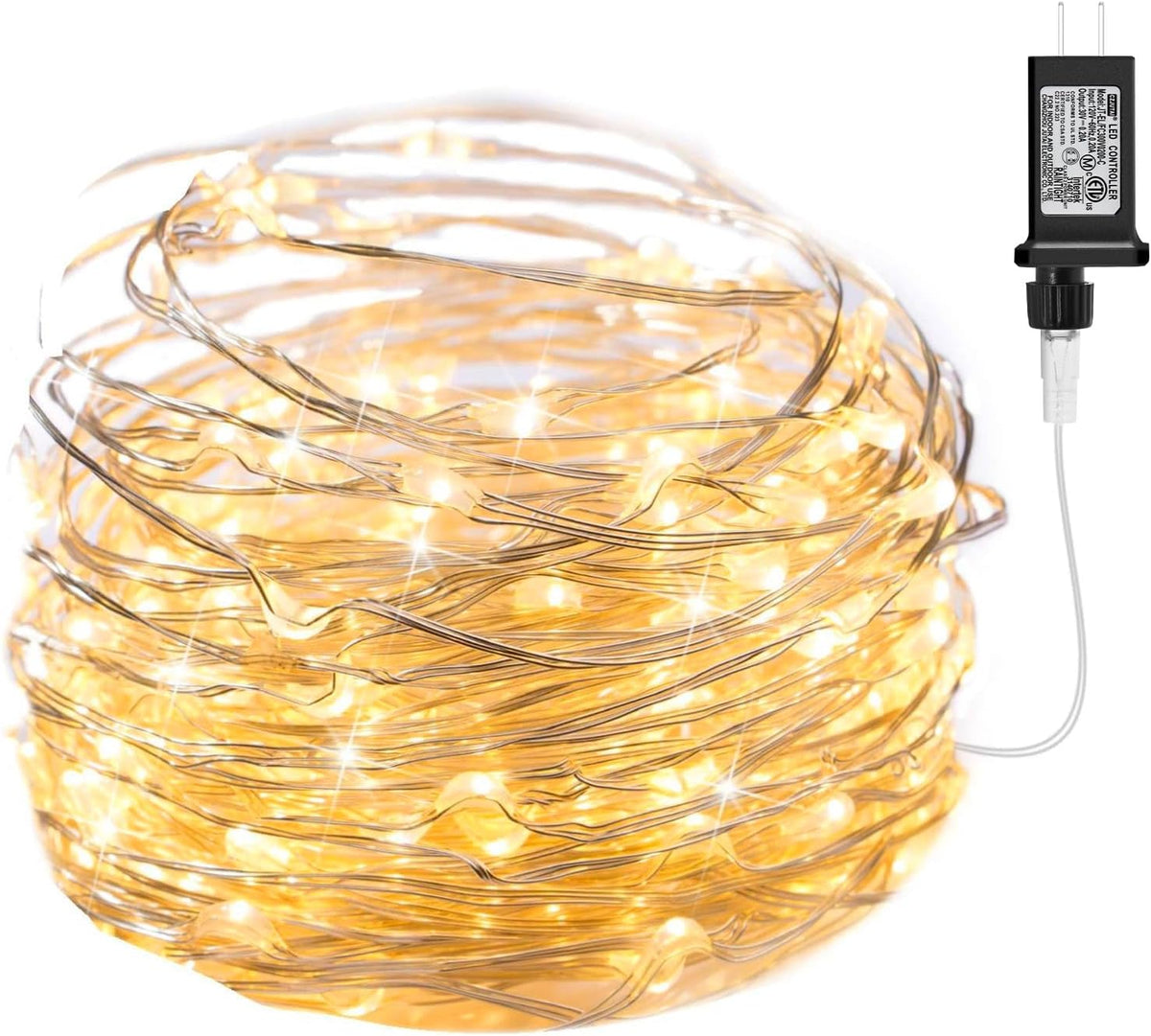 33Ft Plug in 100 LEDs Waterproof Silver Wire Firefly Lights, Adaptor Included, Warm White