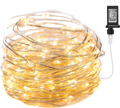 33Ft Plug in 100 LEDs Waterproof Silver Wire Firefly Lights, Adaptor Included, Warm White