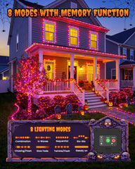 2 Pack 66ft 200 LED Solar Powered Halloween Lights for Halloween, Orange & Purple, 8 Modes