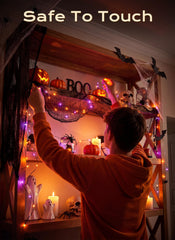 33Ft 100LEDs Plug in Halloween String Lights on Black Wire for Party Haunted House, Orange & Purple