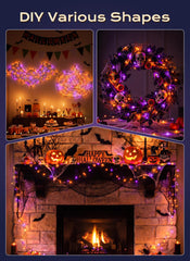 33Ft 100LEDs Plug in Halloween String Lights on Black Wire for Party Haunted House, Orange & Purple