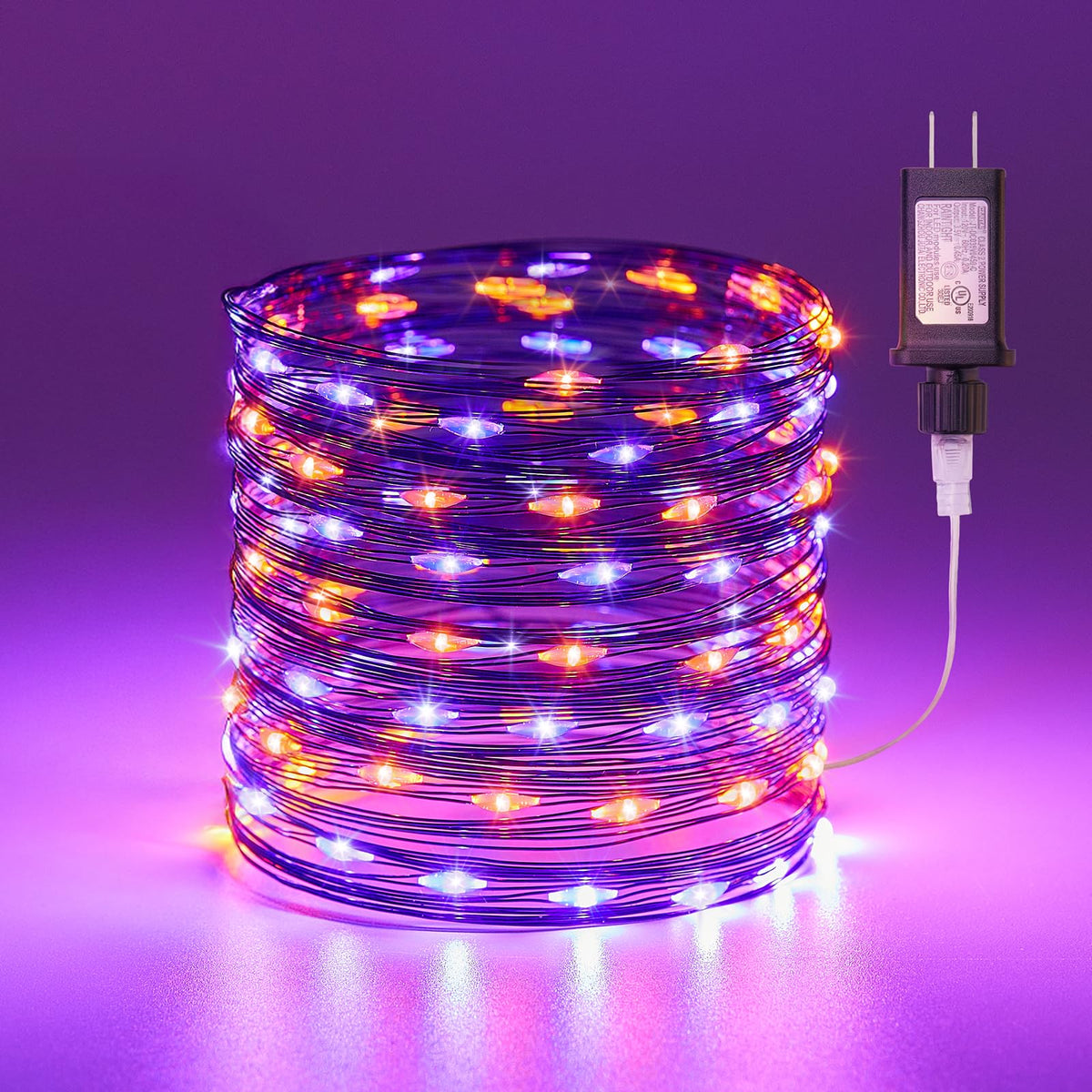 33Ft 100LEDs Plug in Halloween String Lights on Black Wire for Party Haunted House, Orange & Purple