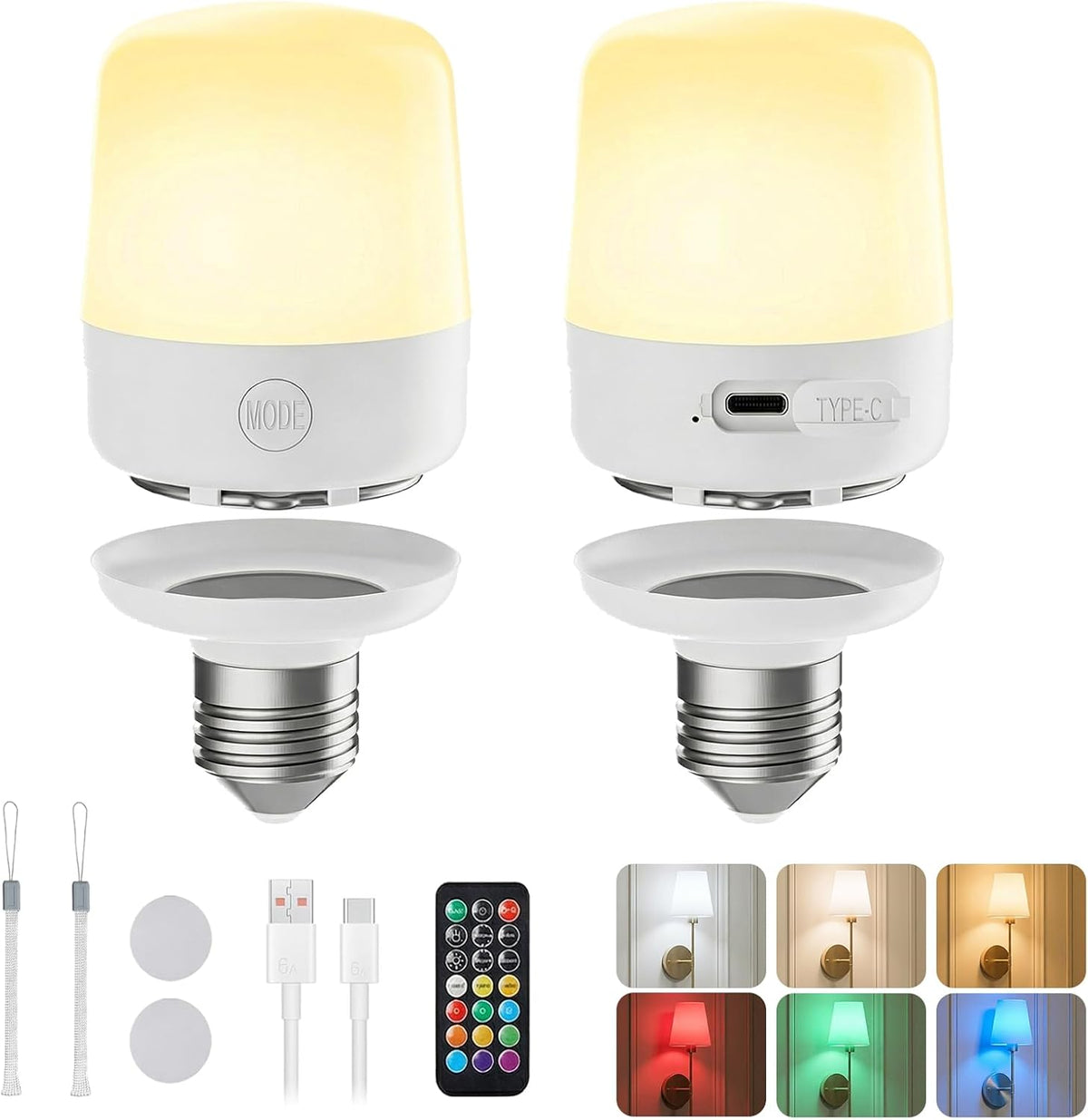 2 Pack E26 Rechargeable Battery Backup Light Bulbs with Remote and Timer for Lamps Sconces Camping