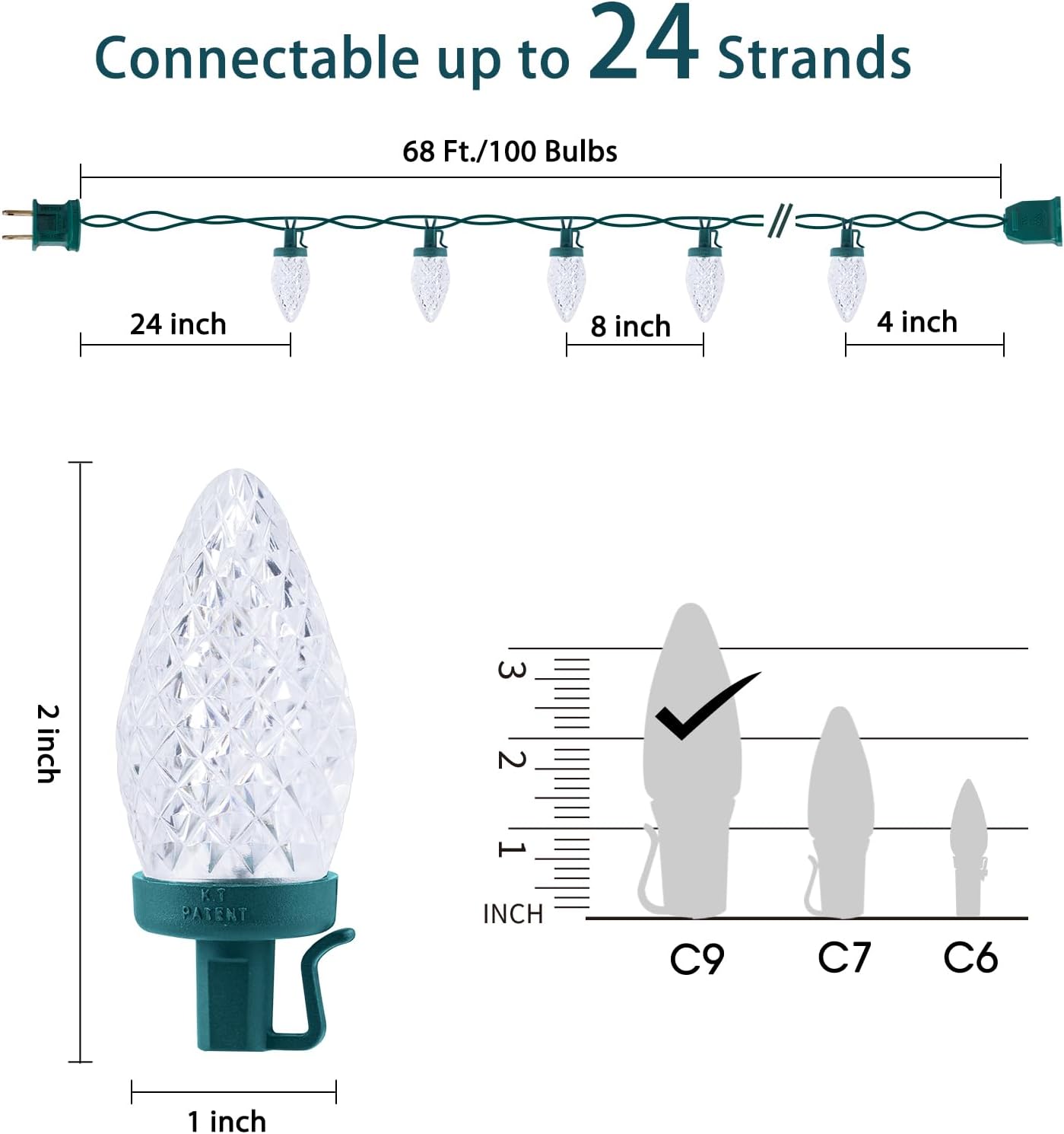 68 Feet C9 100 LED Christmas Strawberry String Lights with 100 Spring Clamps, Pure White