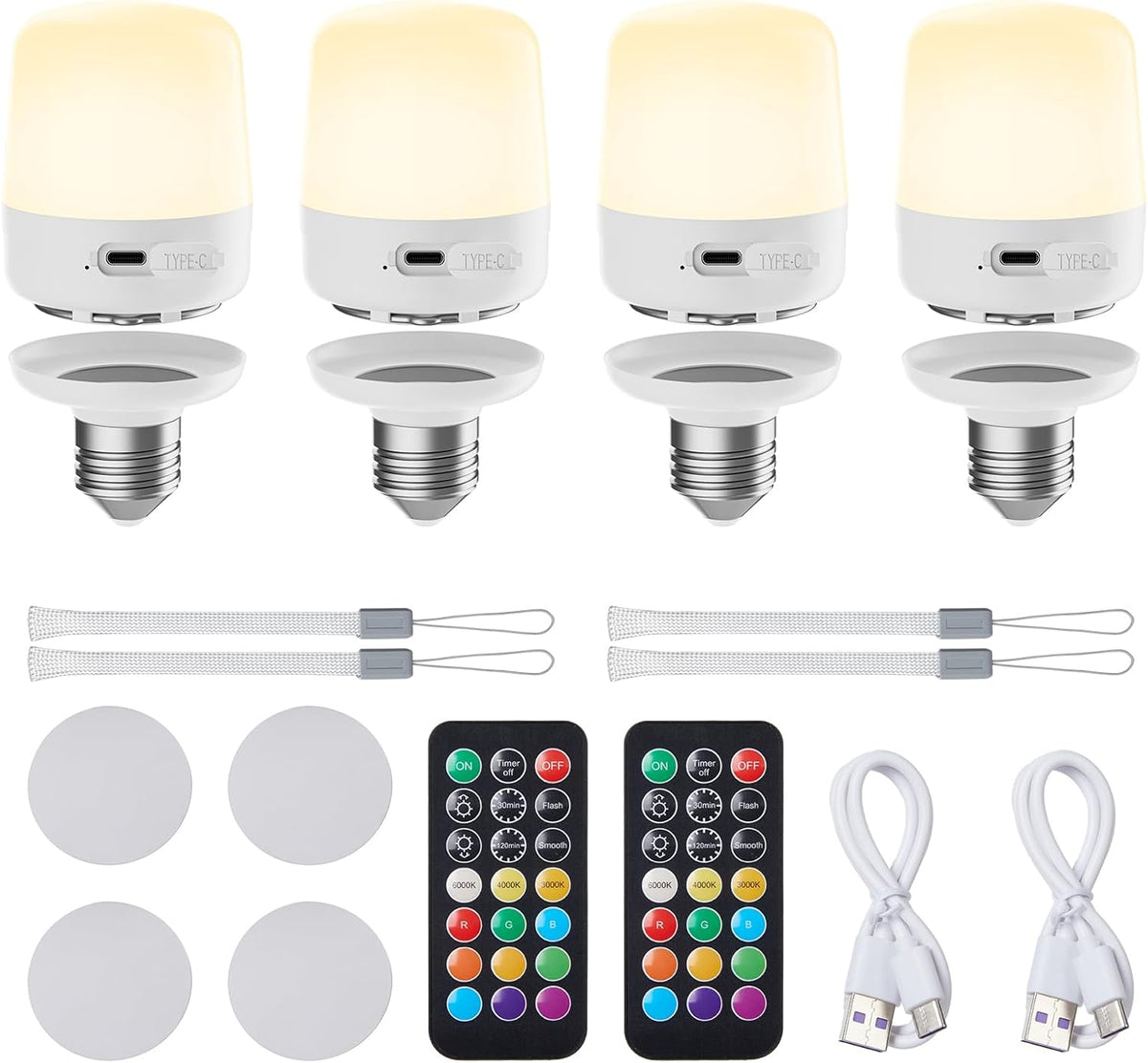 4 Pack E26 Rechargeable Battery Backup Light Bulbs with Remote and Timer for Lamps Sconces Camping