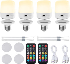4 Pack E26 Rechargeable Battery Backup Light Bulbs with Remote and Timer for Lamps Sconces Camping