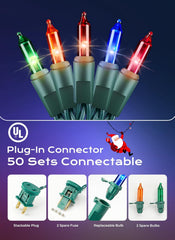 33ft 100 Count Multicolor Incandescent Bulbs Mini String Lights for Christmas Xmas, Green Wire