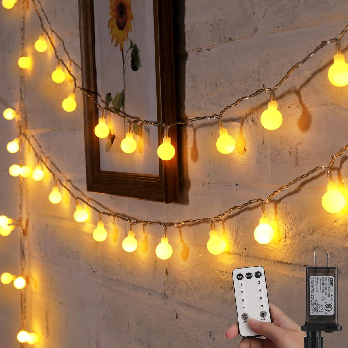 Warm White Mini Globe Fairy String Lights for Xmas Room Decor, Plug in, 8 Modes with Remote
