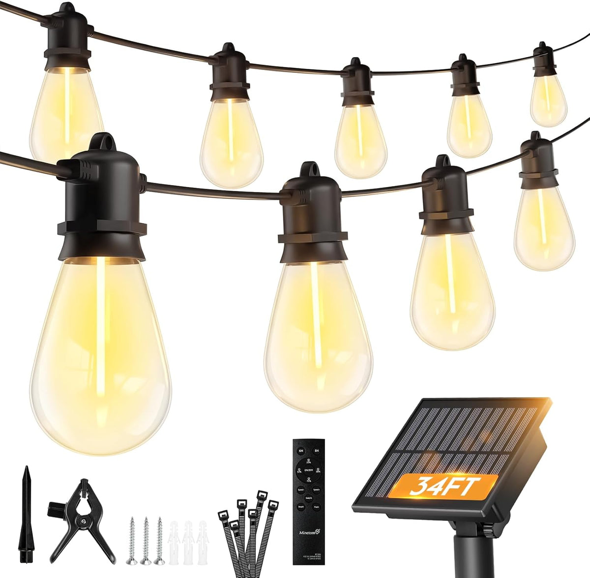 34FT 9 LED Solar Powered S14 Shatterproof Bulbs String Lights Outdoor, 3 Light Modes