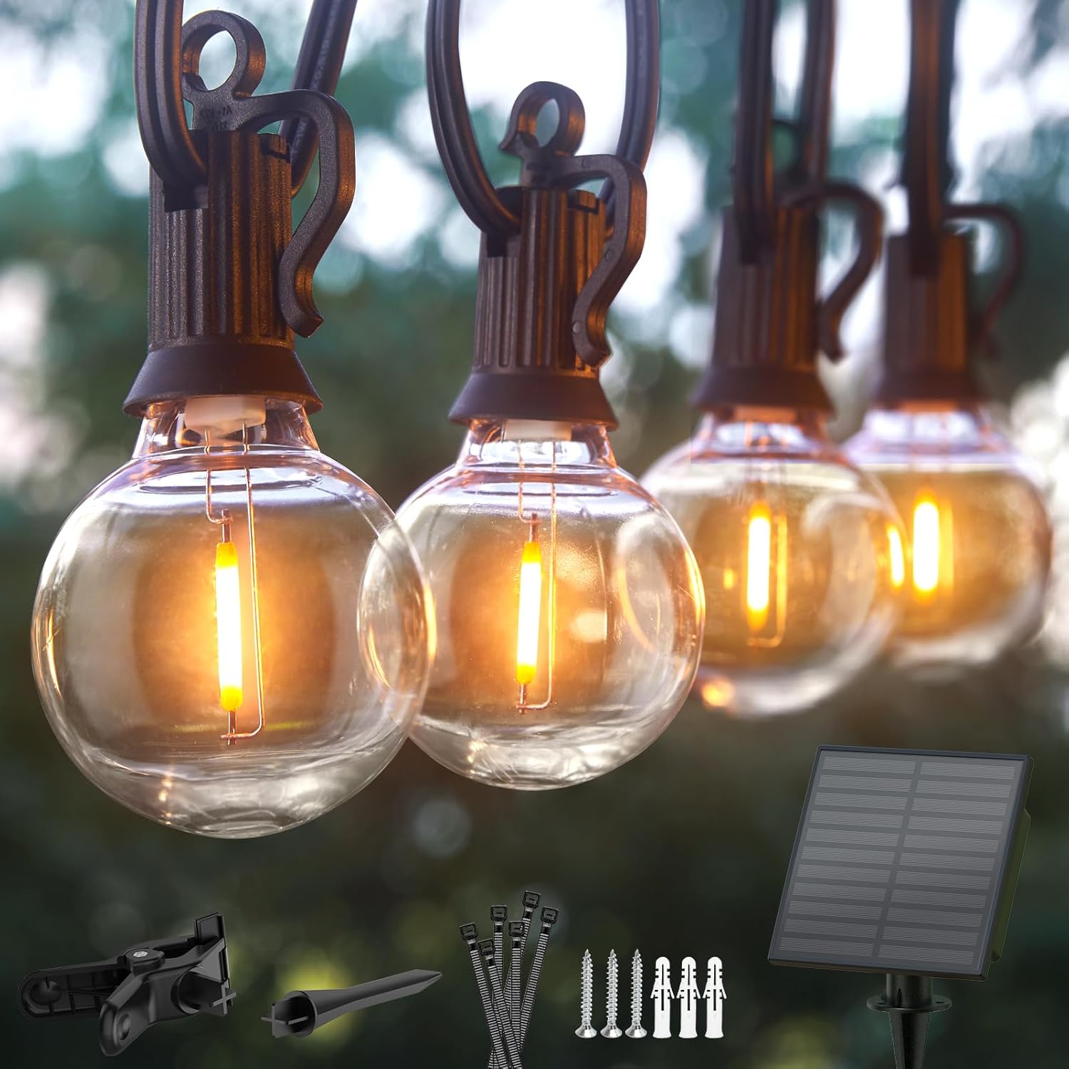 Solar Powered Waterproof G40 LED Bulbs String Lights for Backyard Porch Bistro Decor