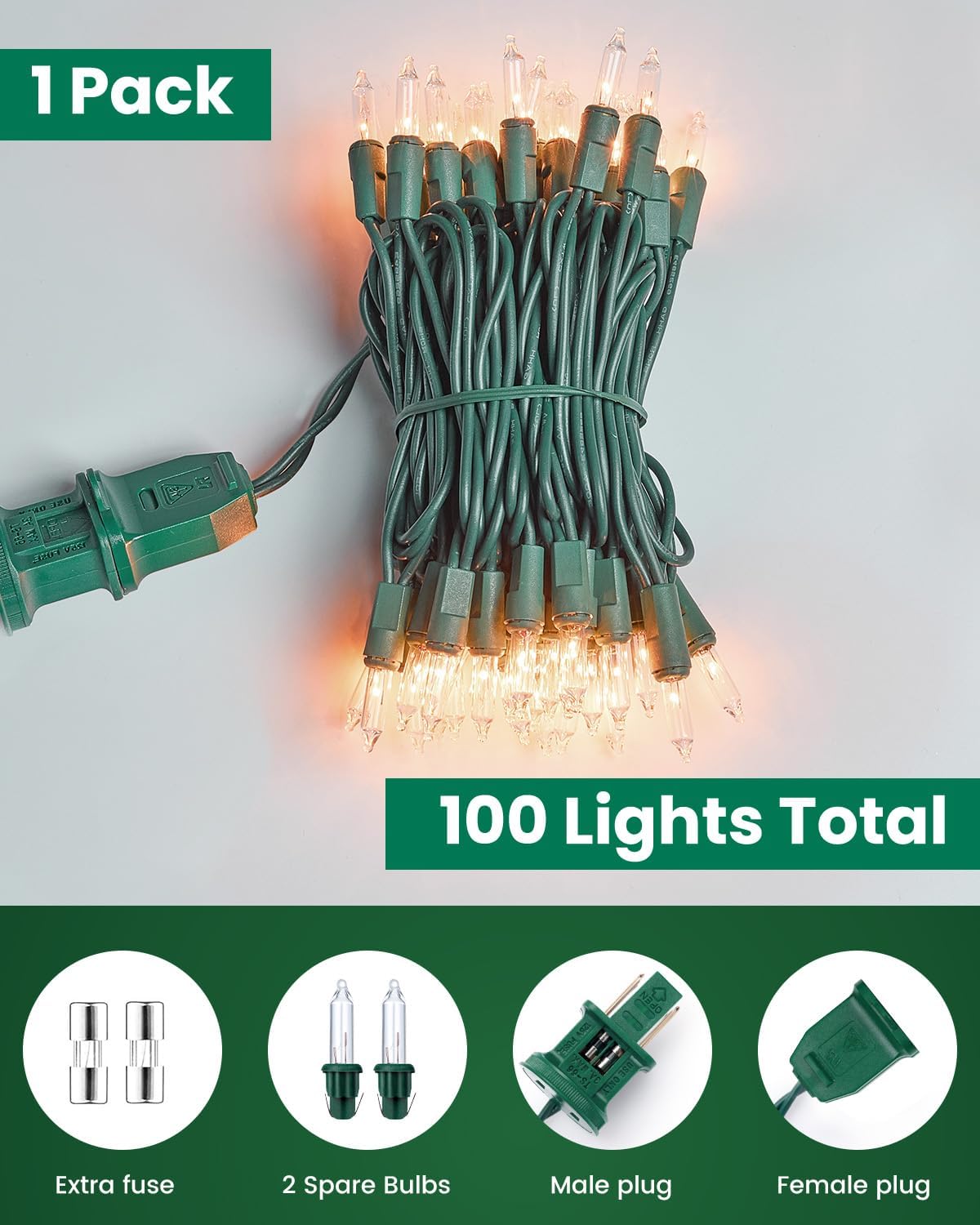 100 Count 25 Feet Cear Warm White Incandescent Bulb Mini String Lights for Christmas, Green Wire