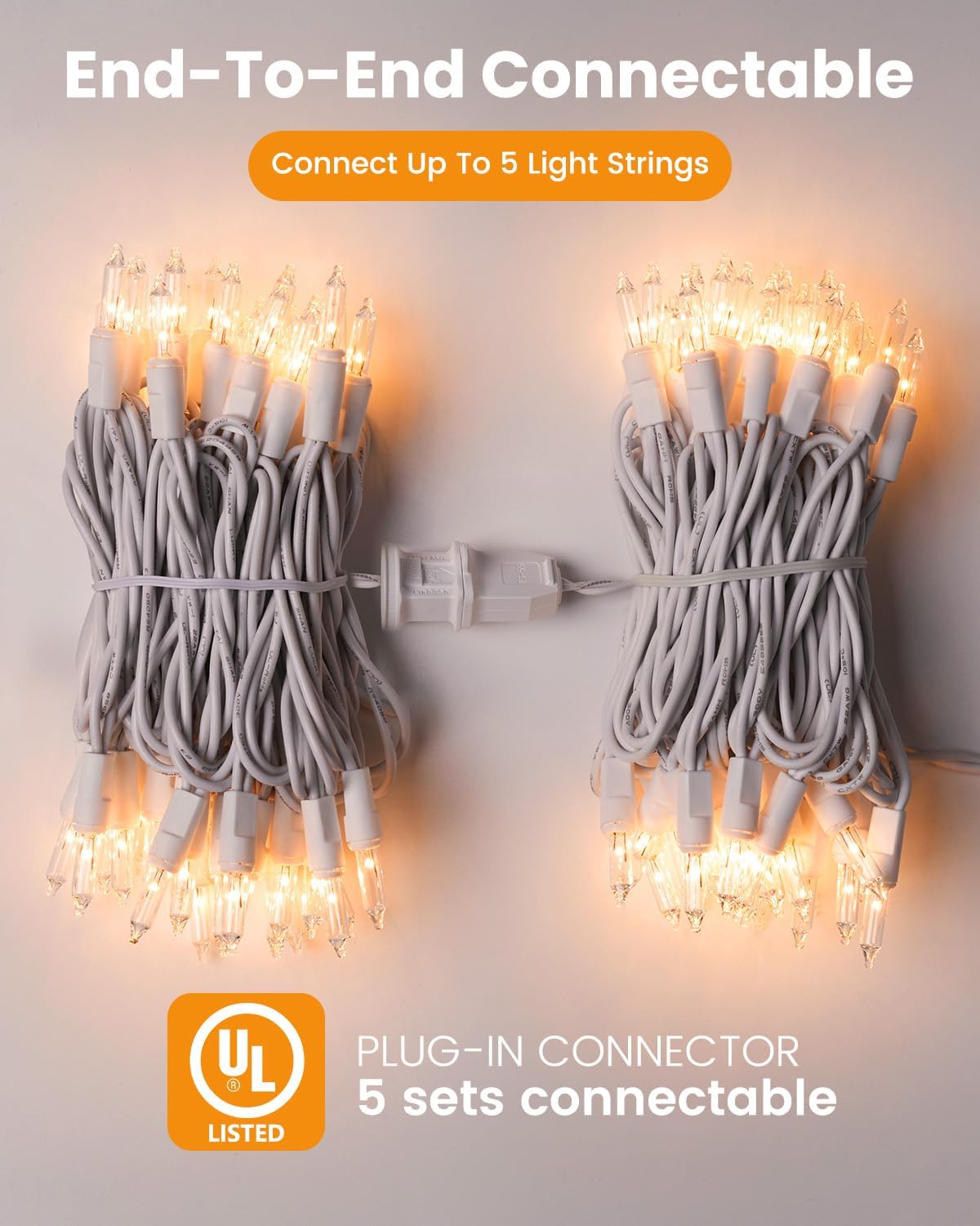 25ft 100 Count Cear Warm White Incandescent Bulb Mini String Lights for Christmas, White Wire