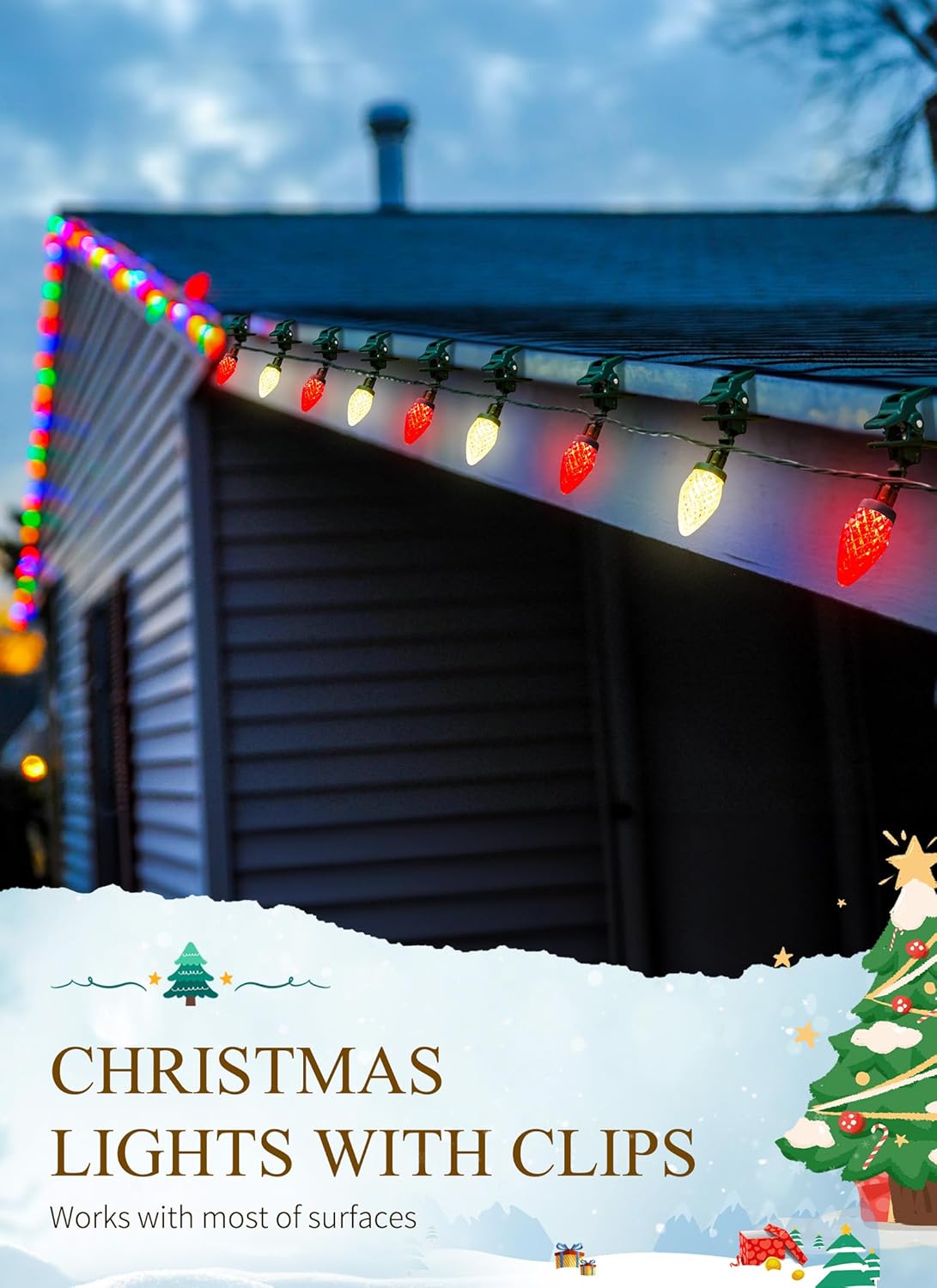 68 Feet C9 100 LED Christmas Strawberry String Lights with 100 Spring Clamps, Red & Warm White