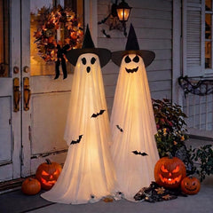 2 Pack Outdoor Waterproof Battery Operated Light Up Halloween 2 Witch Hat Ghost Decorations