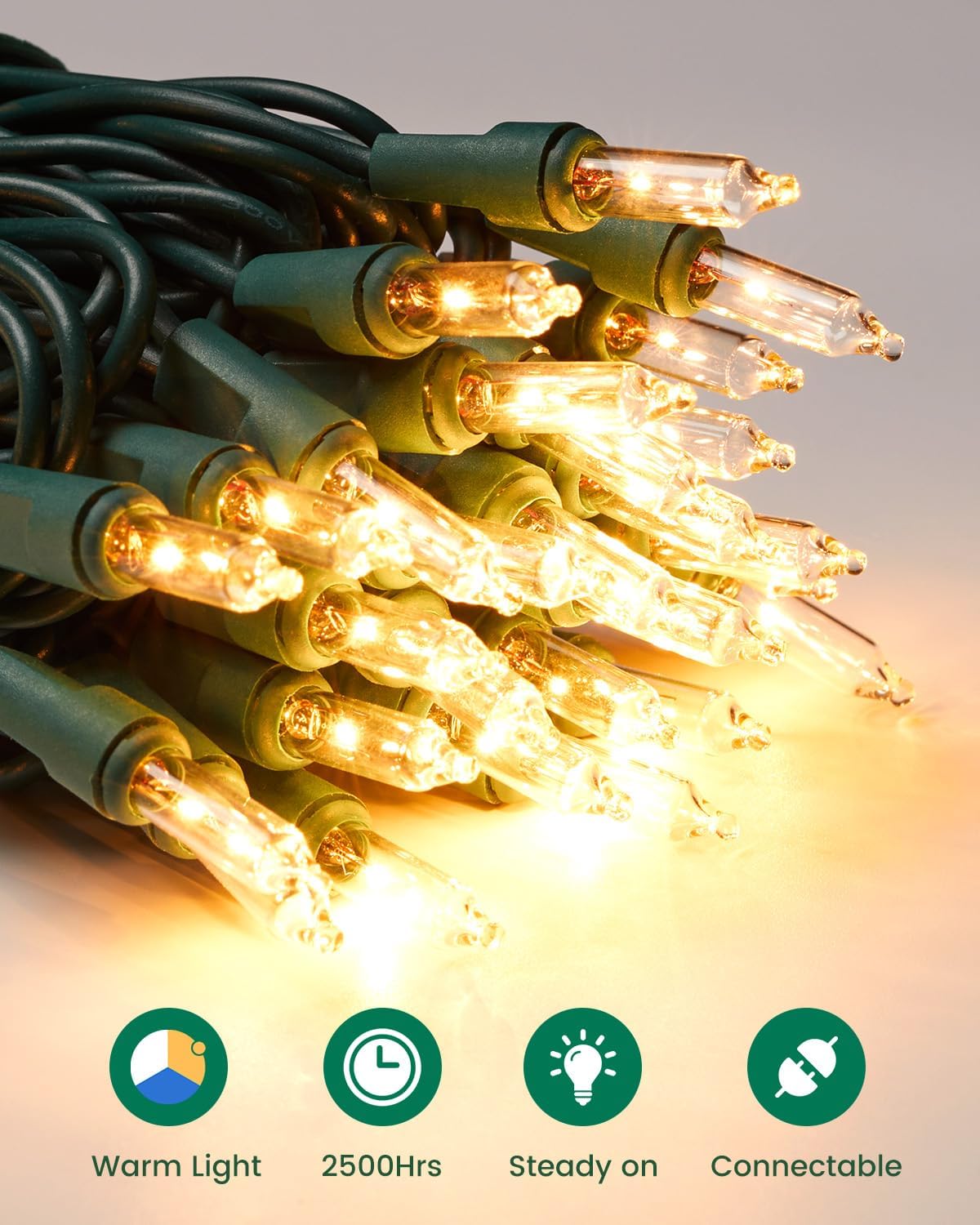 100 Count 25 Feet Cear Warm White Incandescent Bulb Mini String Lights for Christmas, Green Wire
