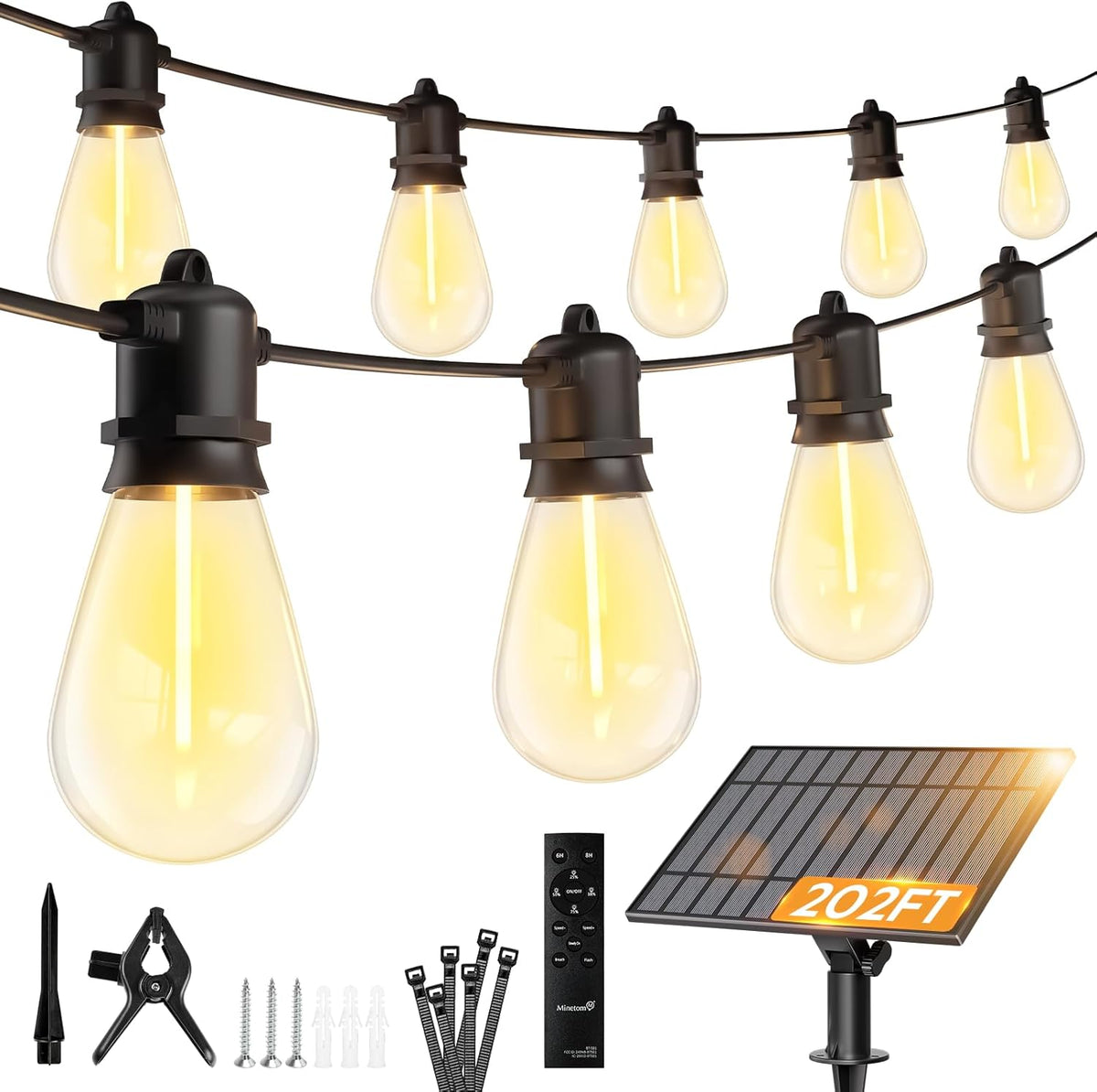 202FT 65 LED Solar Powered S14 Shatterproof Bulbs String Lights Outdoor, 3 Light Modes