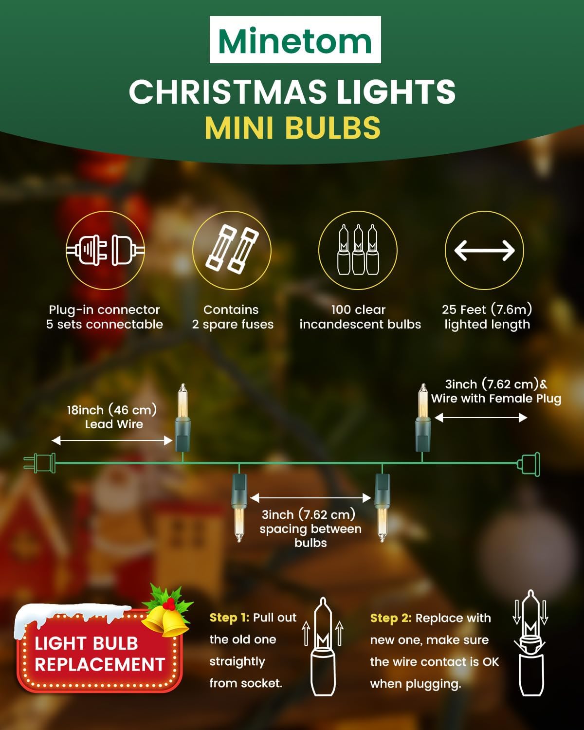100 Count 25 Feet Cear Warm White Incandescent Bulb Mini String Lights for Christmas, Green Wire
