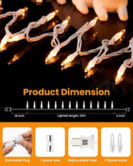 20 Feet 100 Count Clear Incandescent Bulb Mini Christmas String Lights Set, White Wire