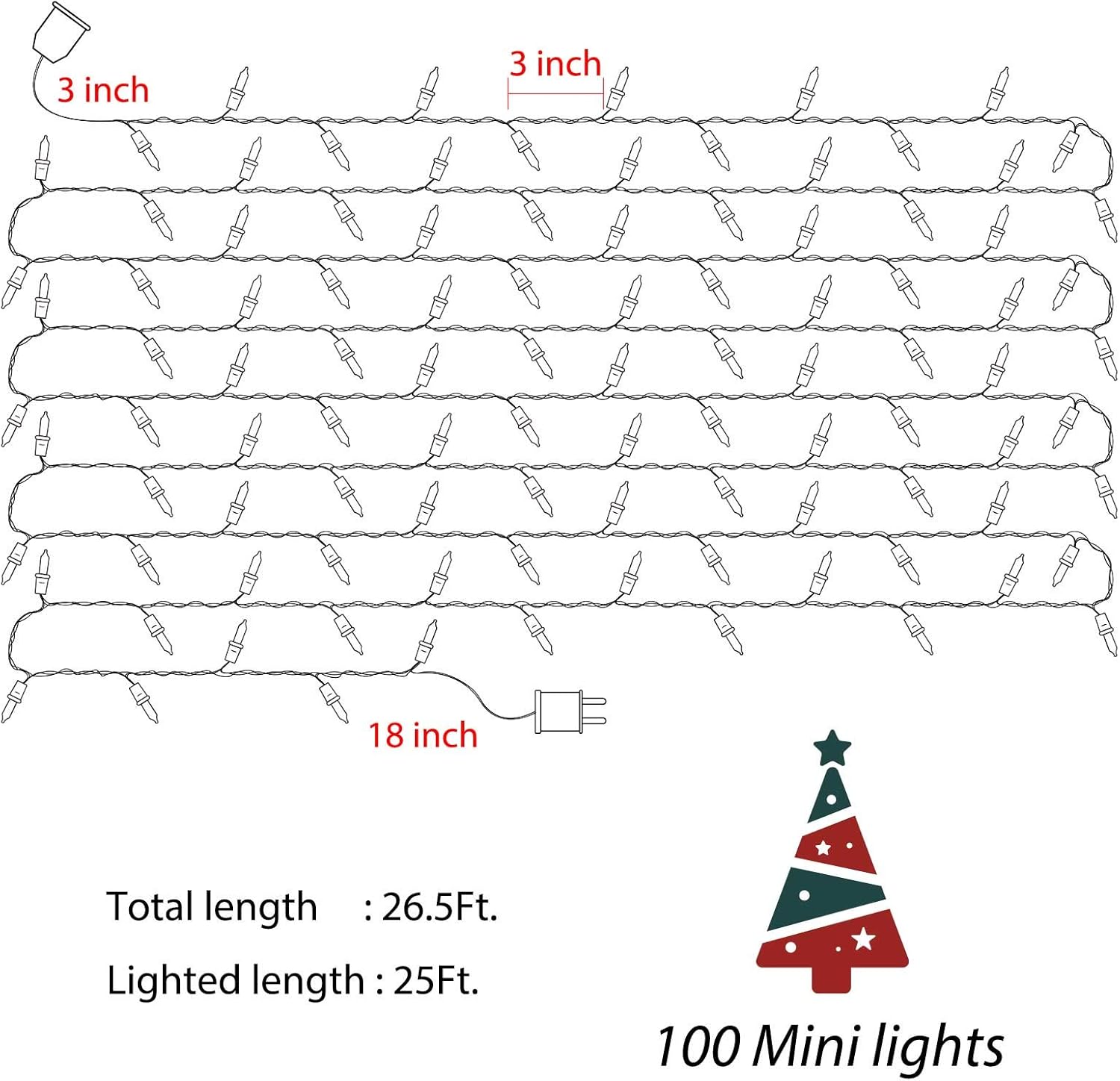 100 Count 25 Feet Multicolor Incandescent Bulb Mini String Lights for Christmas