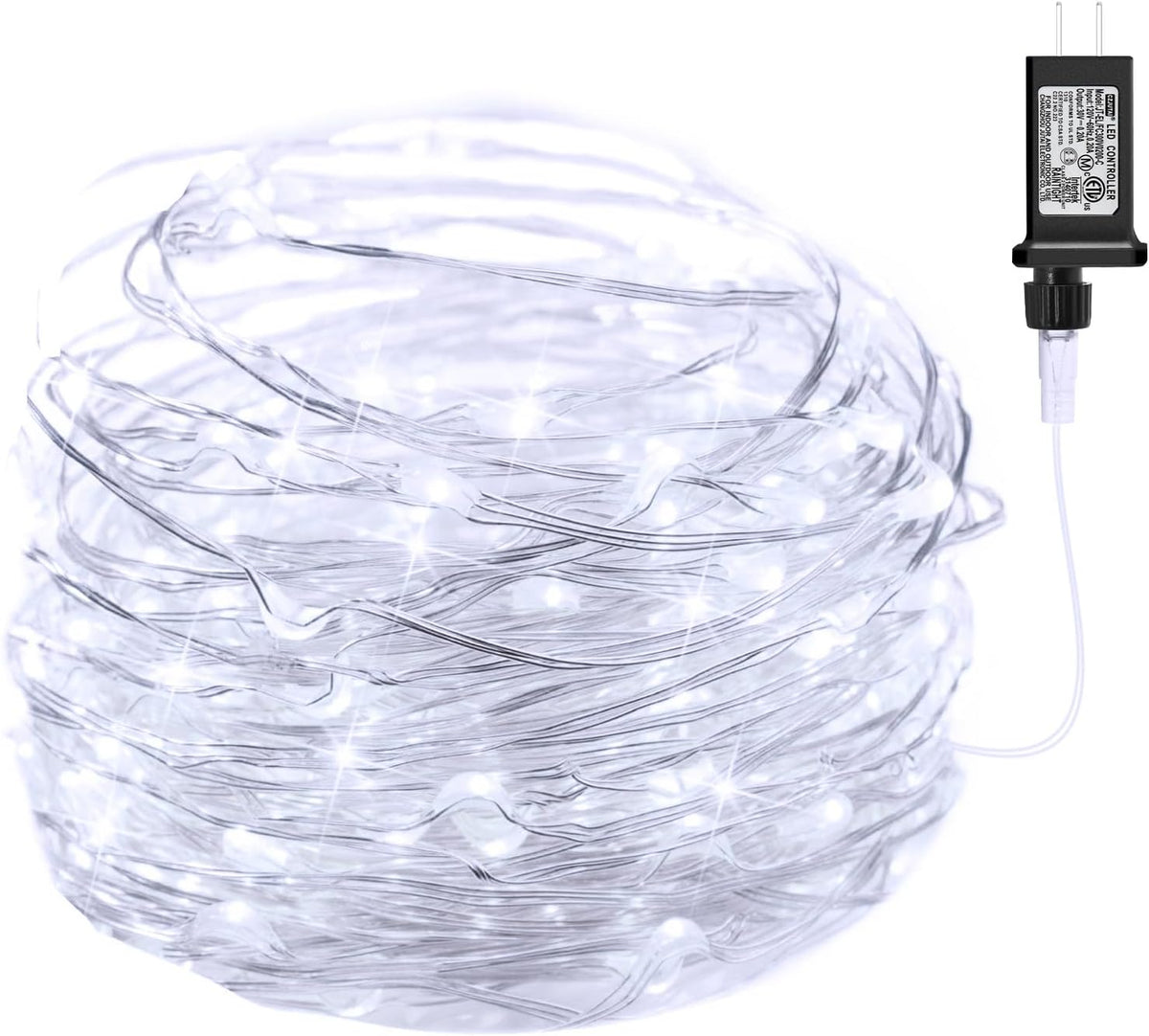 2Pack 33ft 100 LEDs Plug in Silver Wire Fairy Lights for DIY Wreath Wedding, Pure White