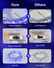 5ft 60LED Battery Operated Firecracker Twinkle String Fairy Lights for Christmas Party, Blue