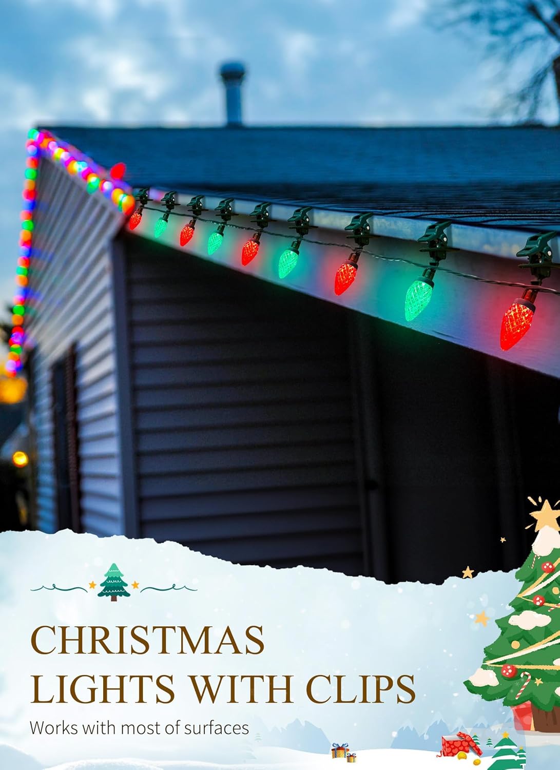 68 Feet C9 100 LED Christmas Strawberry String Lights with 100 Spring Clamps, Red & Green