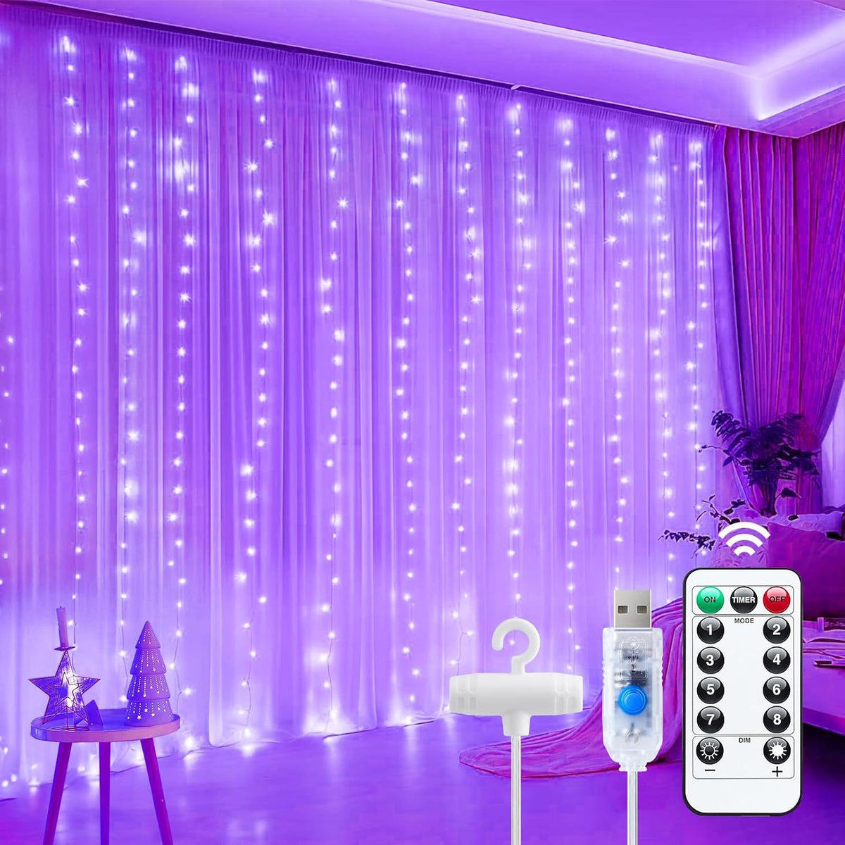 Purple 300 LED Dimmable Twinkle Fairy Curtain Lights with Remote and Timer, USB Powered