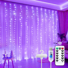 Purple 300 LED Dimmable Twinkle Fairy Curtain Lights with Remote and Timer, USB Powered