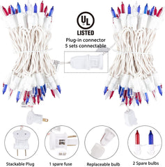 20ft 100 Count Red White Blue Incandescent Bulb Mini String Lights for 4th of July, White Wire