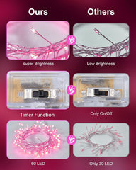 5 Ft 60 LED Battery Operated Firecracker Silver Wire String Lights for Valentine's Day, Pink