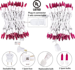 25ft 100 Count Pink Incandescent Bulb Mini String Lights for Christmas Valentine's Day, White Wire