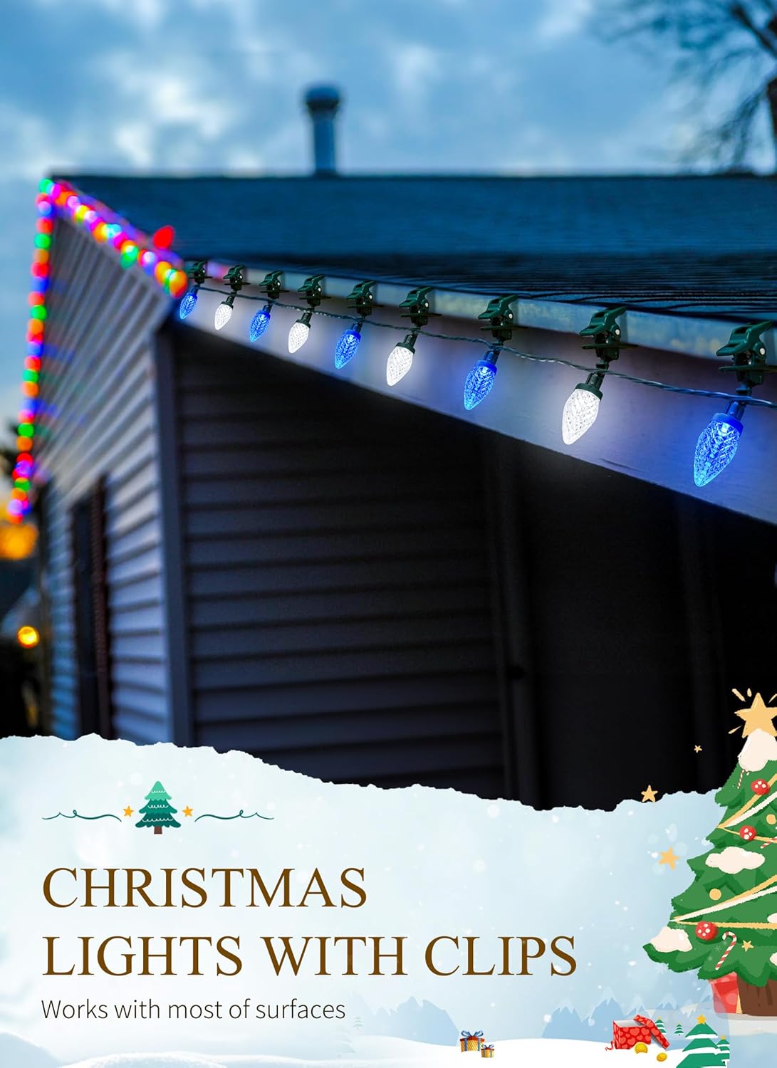 68 Feet C9 100 LED Christmas Strawberry String Lights with 100 Spring Clamps, Blue & Pure White