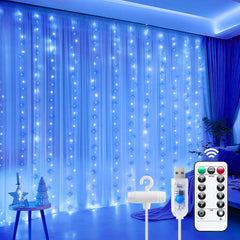 Blue & White 300 LED Dimmable Twinkle Fairy Curtain Lights with Remote and Timer, USB Powered